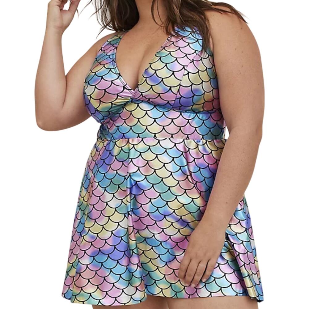 Torrid NWT Mid Length Swim Dress Mermaid Size 1X Metallic Shimmer Rainbow V-Neck - Picture 2 of 5